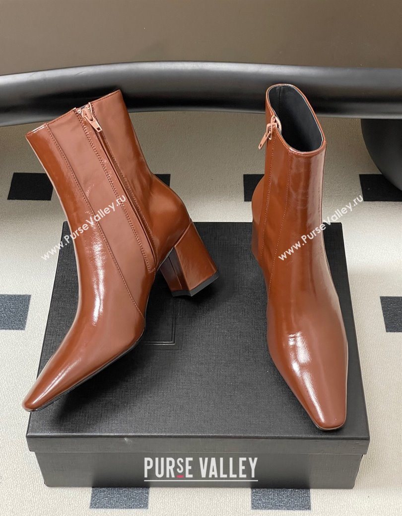 Saint Laurent Rainer Heel Ankle Boots 7.5cm in Shiny Leather Brown 2025 (MD-251028108)