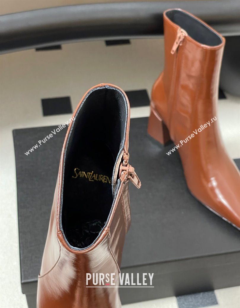 Saint Laurent Rainer Heel Ankle Boots 7.5cm in Shiny Leather Brown 2025 (MD-251028108)