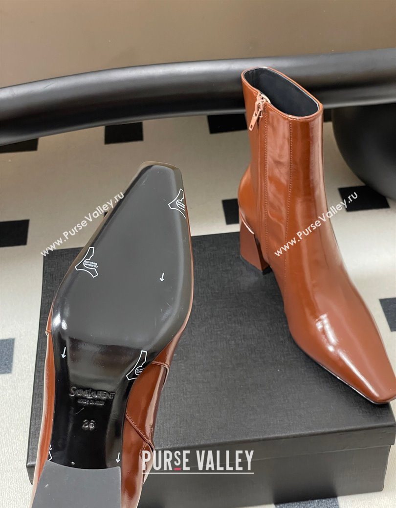 Saint Laurent Rainer Heel Ankle Boots 7.5cm in Shiny Leather Brown 2025 (MD-251028108)