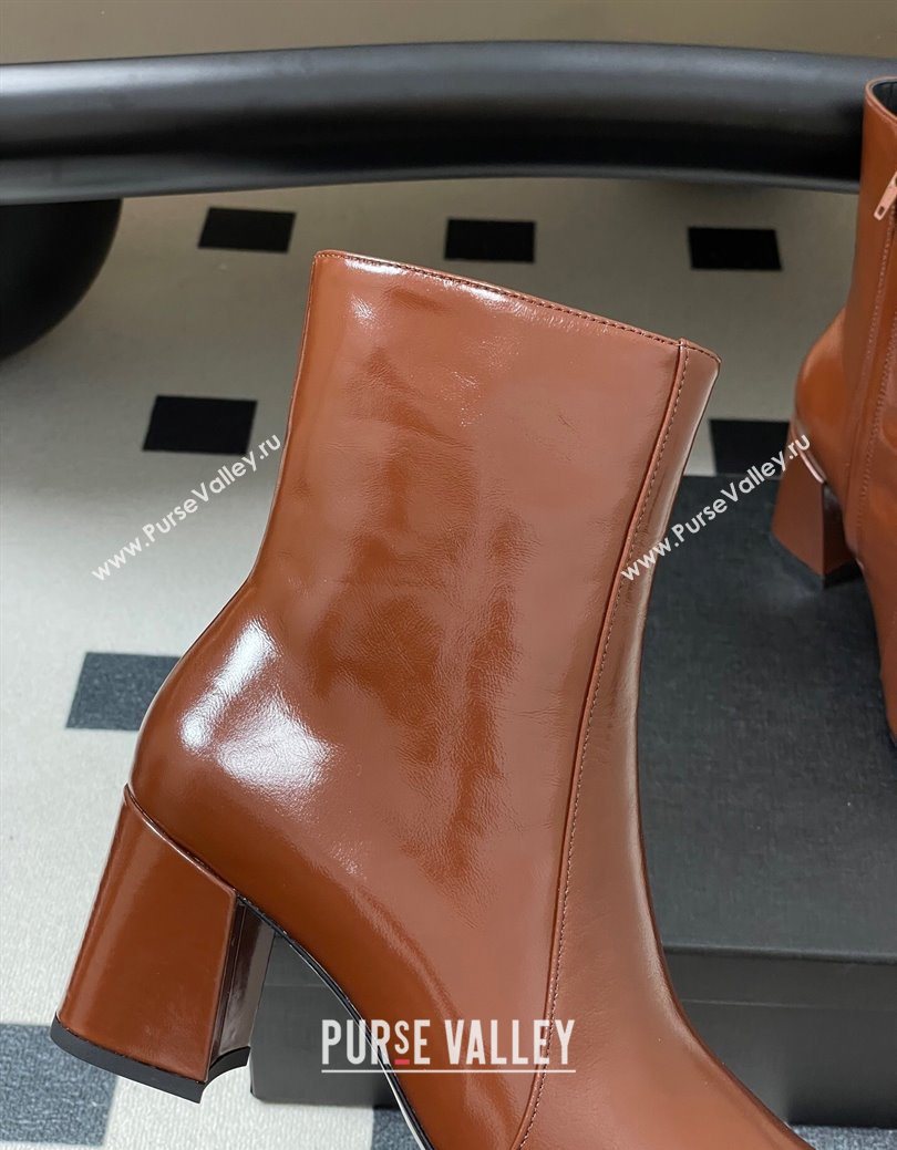 Saint Laurent Rainer Heel Ankle Boots 7.5cm in Shiny Leather Brown 2025 (MD-251028108)
