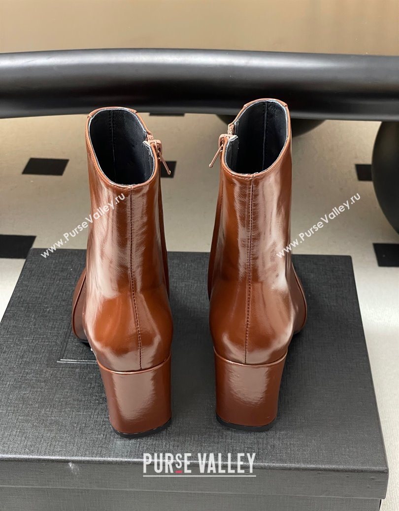 Saint Laurent Rainer Heel Ankle Boots 7.5cm in Shiny Leather Brown 2025 (MD-251028108)