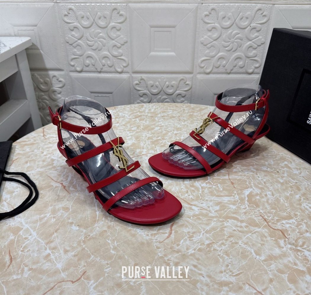 Saint Laurent Leather Strap Wedge Sandals 3.5cm Red 2025 1028 (MD-251028130)