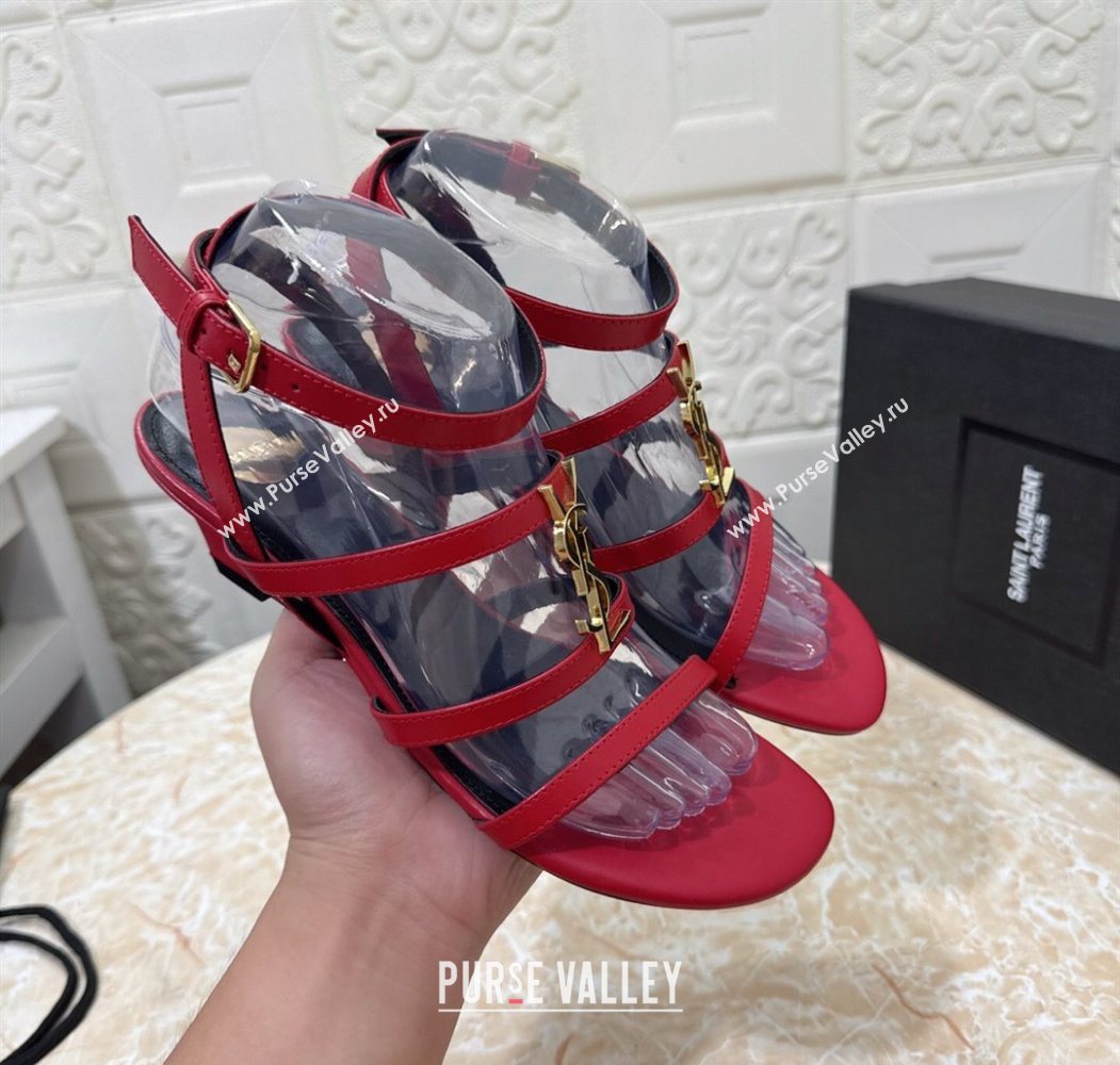 Saint Laurent Leather Strap Wedge Sandals 3.5cm Red 2025 1028 (MD-251028130)