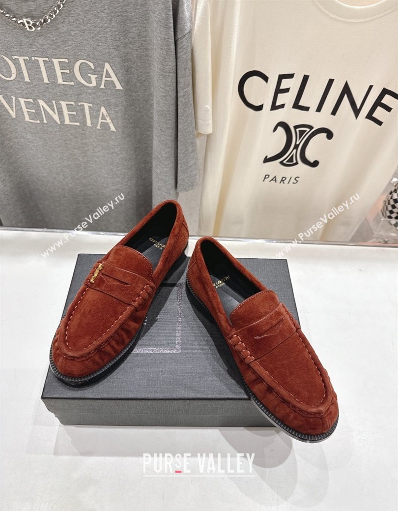 Saint Laurent Le Loafers Penny Slippers in Suede Dark Brown 2025 (MD-251028127)