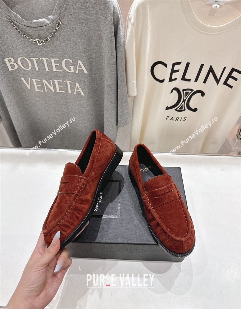 Saint Laurent Le Loafers Penny Slippers in Suede Dark Brown 2025 (MD-251028127)
