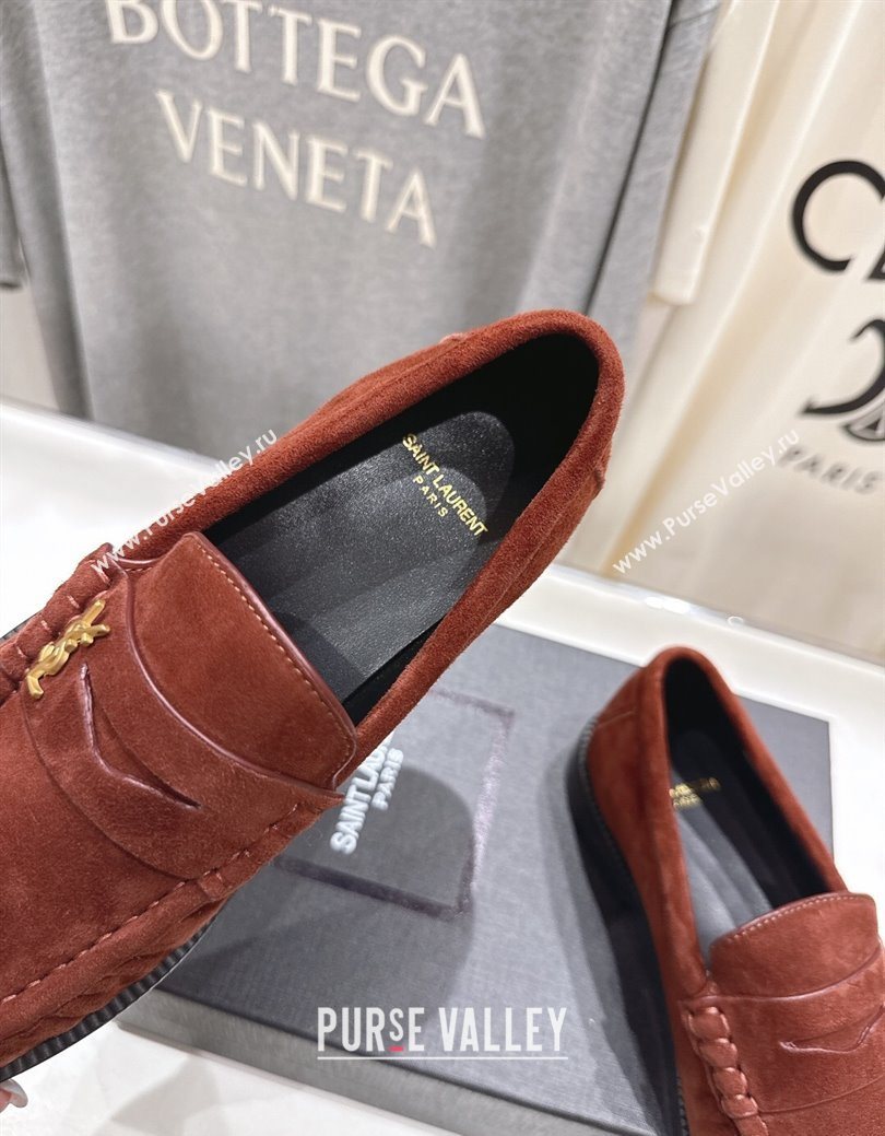 Saint Laurent Le Loafers Penny Slippers in Suede Dark Brown 2025 (MD-251028127)
