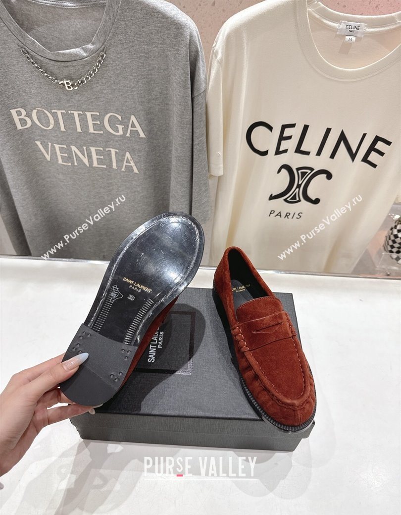 Saint Laurent Le Loafers Penny Slippers in Suede Dark Brown 2025 (MD-251028127)