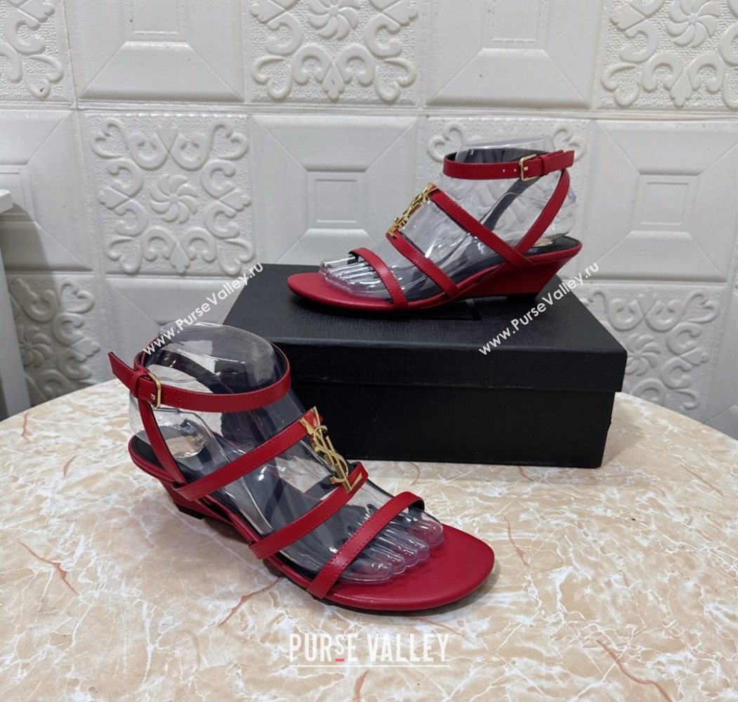 Saint Laurent Leather Strap Wedge Sandals 3.5cm Red 2025 1028 (MD-251028130)