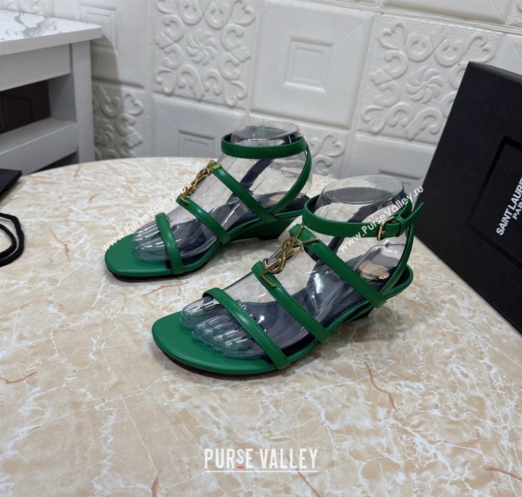 Saint Laurent Leather Strap Wedge Sandals 3.5cm Green 2025 1028 (MD-251028132)