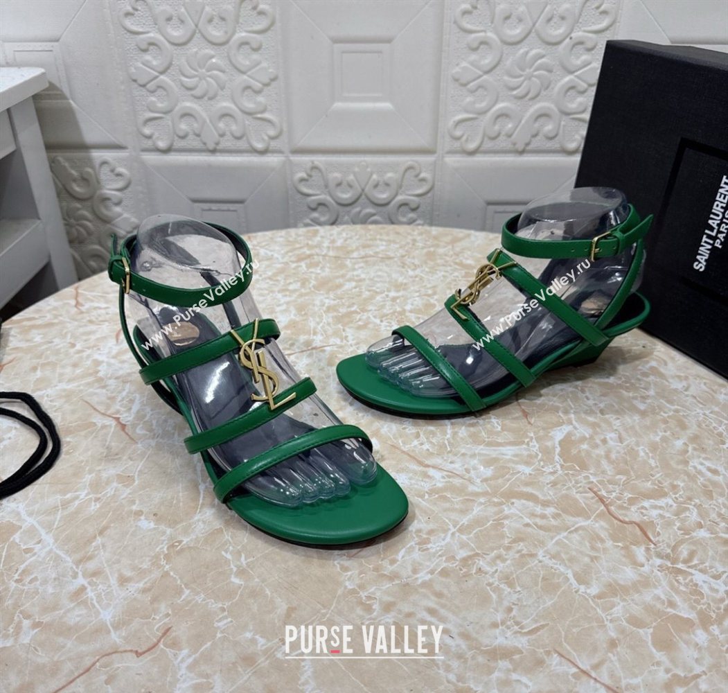 Saint Laurent Leather Strap Wedge Sandals 3.5cm Green 2025 1028 (MD-251028132)
