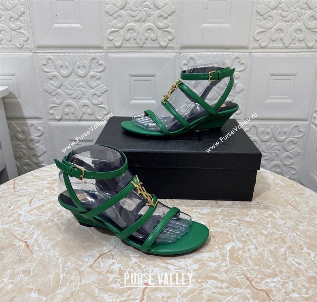 Saint Laurent Leather Strap Wedge Sandals 3.5cm Green 2025 1028 (MD-251028132)