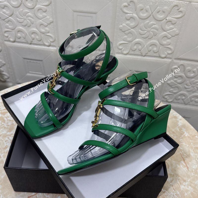 Saint Laurent Leather Strap Wedge Sandals 3.5cm Green 2025 1028 (MD-251028132)