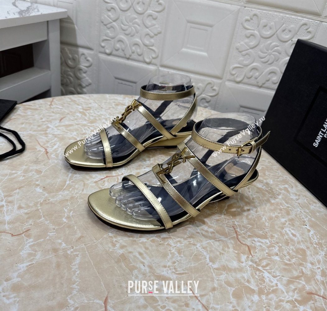Saint Laurent Leather Strap Wedge Sandals 3.5cm Gold 2025 1028 (MD-251028133)