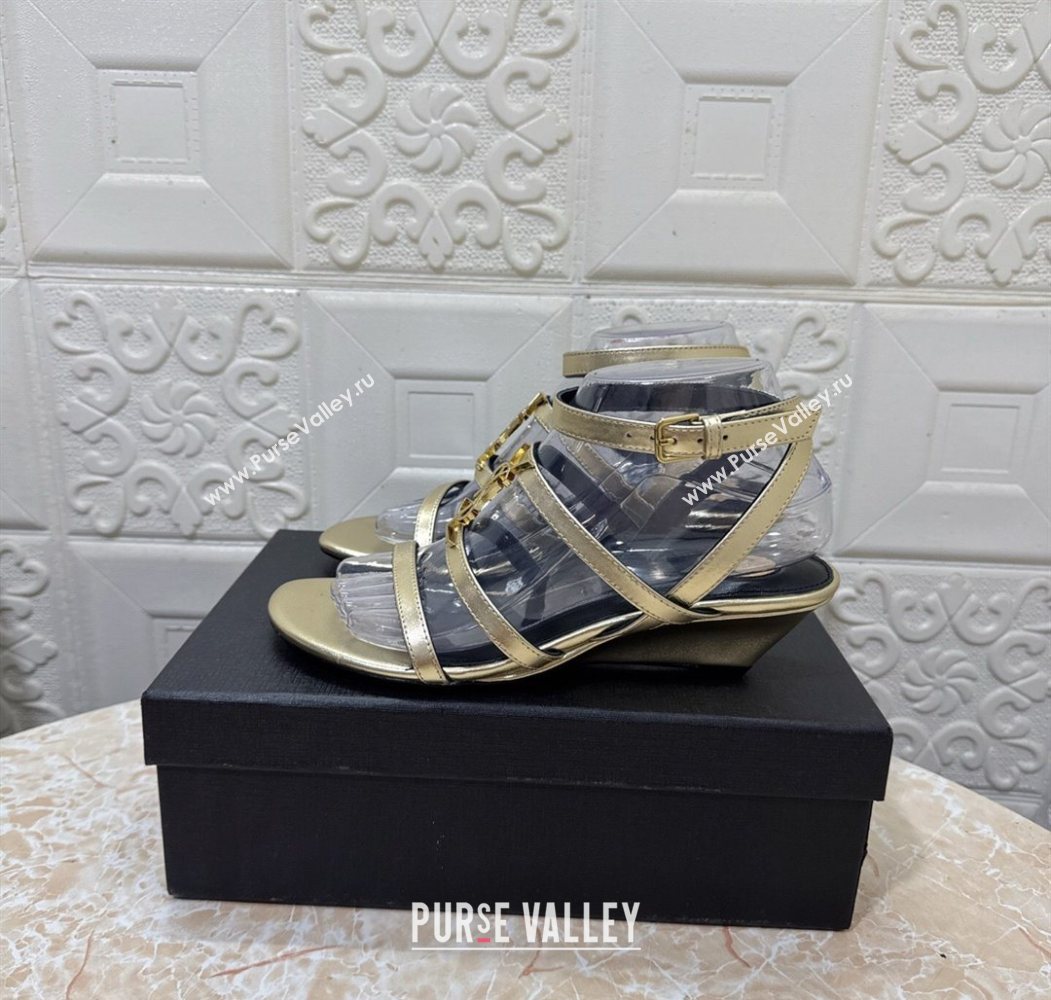 Saint Laurent Leather Strap Wedge Sandals 3.5cm Gold 2025 1028 (MD-251028133)
