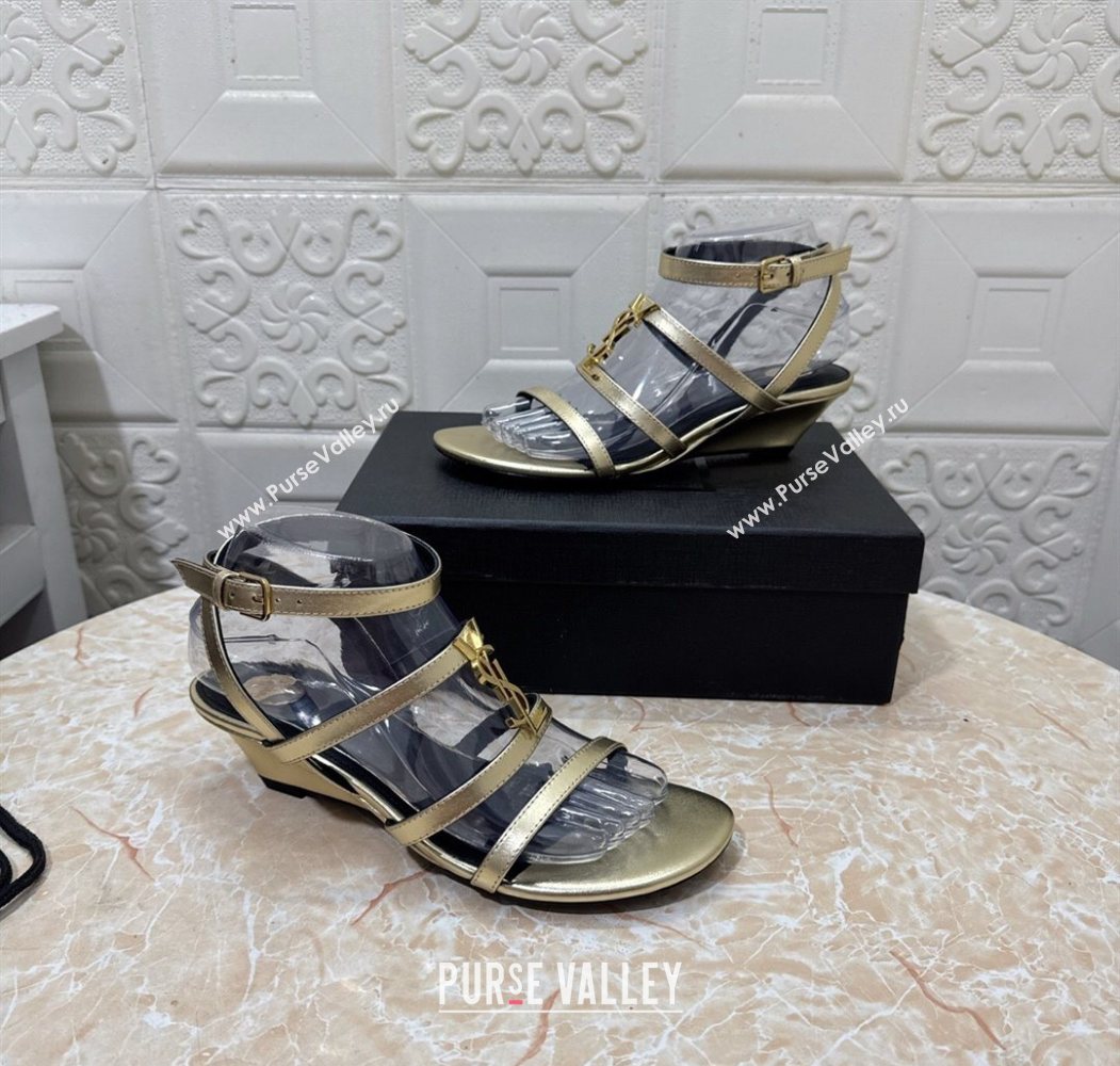 Saint Laurent Leather Strap Wedge Sandals 3.5cm Gold 2025 1028 (MD-251028133)