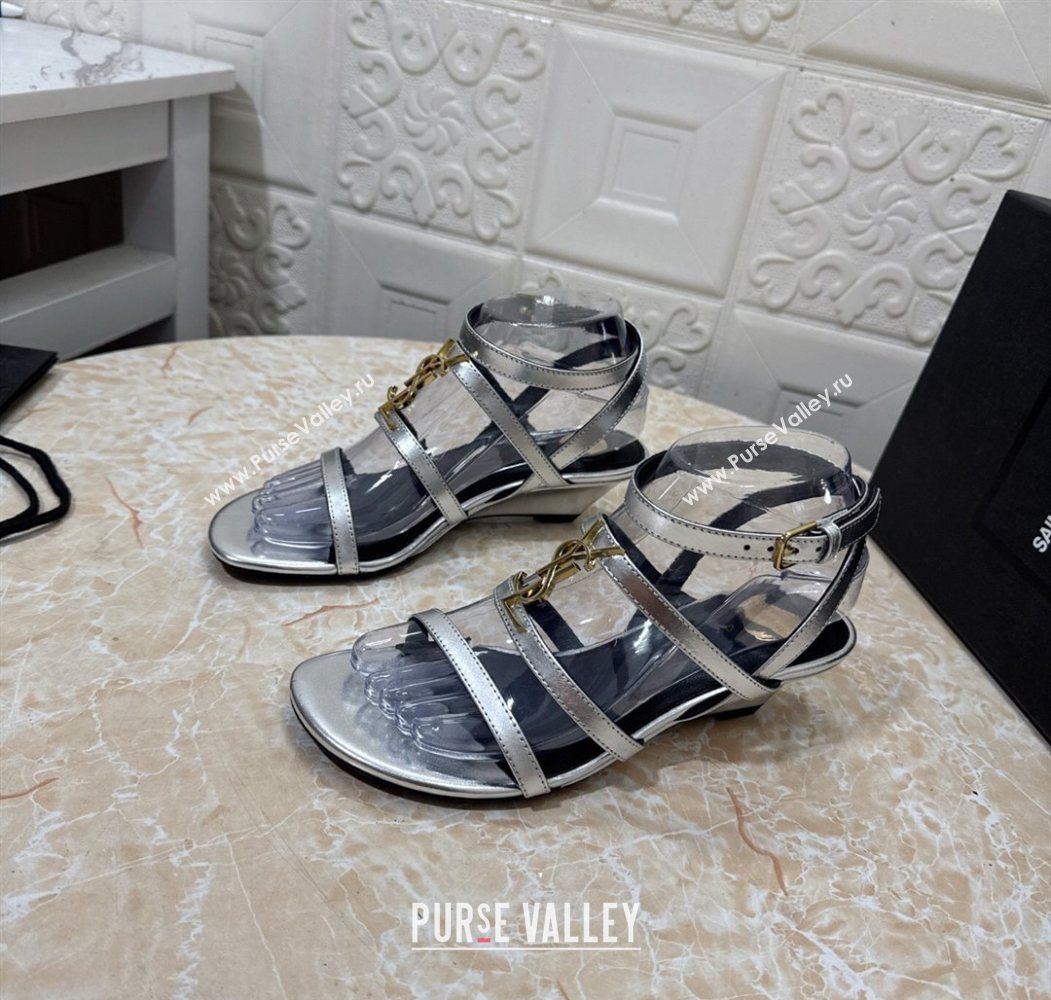 Saint Laurent Leather Strap Wedge Sandals 3.5cm Silver 2025 1028 (MD-251028134)