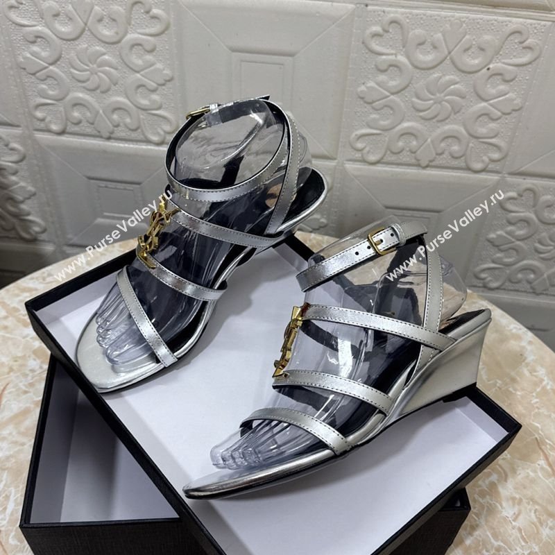 Saint Laurent Leather Strap Wedge Sandals 3.5cm Silver 2025 1028 (MD-251028134)