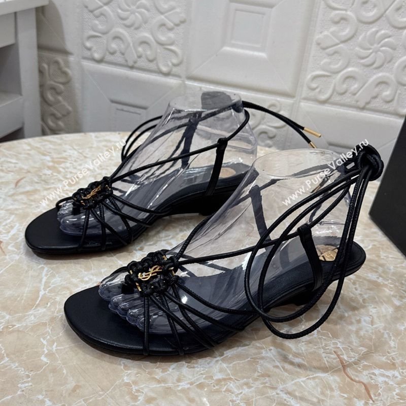Saint Laurent Leather Strap Wedge Sandals 3.5cm Black 2025 1027 (MD-251028135)