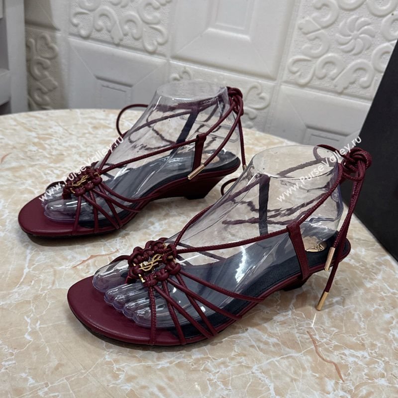 Saint Laurent Leather Strap Wedge Sandals 3.5cm Burgundy 2025 1028 (MD-251028136)