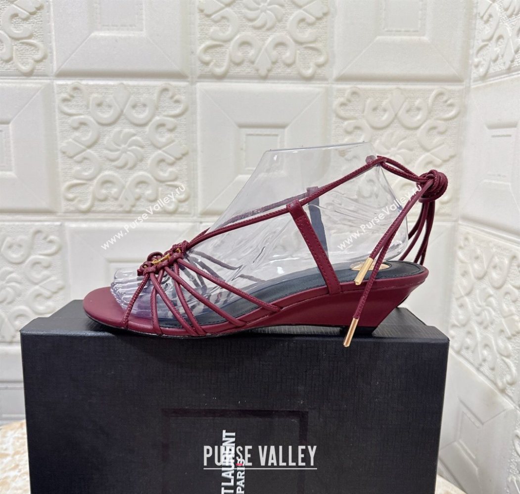 Saint Laurent Leather Strap Wedge Sandals 3.5cm Burgundy 2025 1028 (MD-251028136)