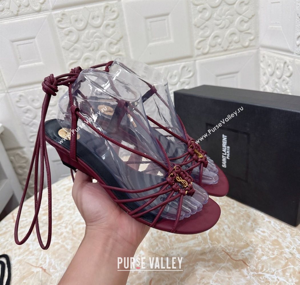Saint Laurent Leather Strap Wedge Sandals 3.5cm Burgundy 2025 1028 (MD-251028136)