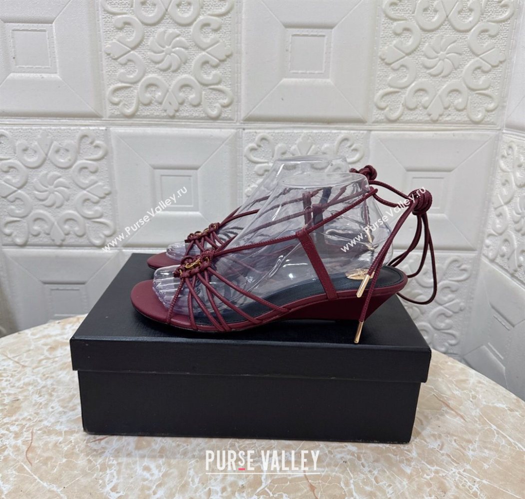 Saint Laurent Leather Strap Wedge Sandals 3.5cm Burgundy 2025 1028 (MD-251028136)