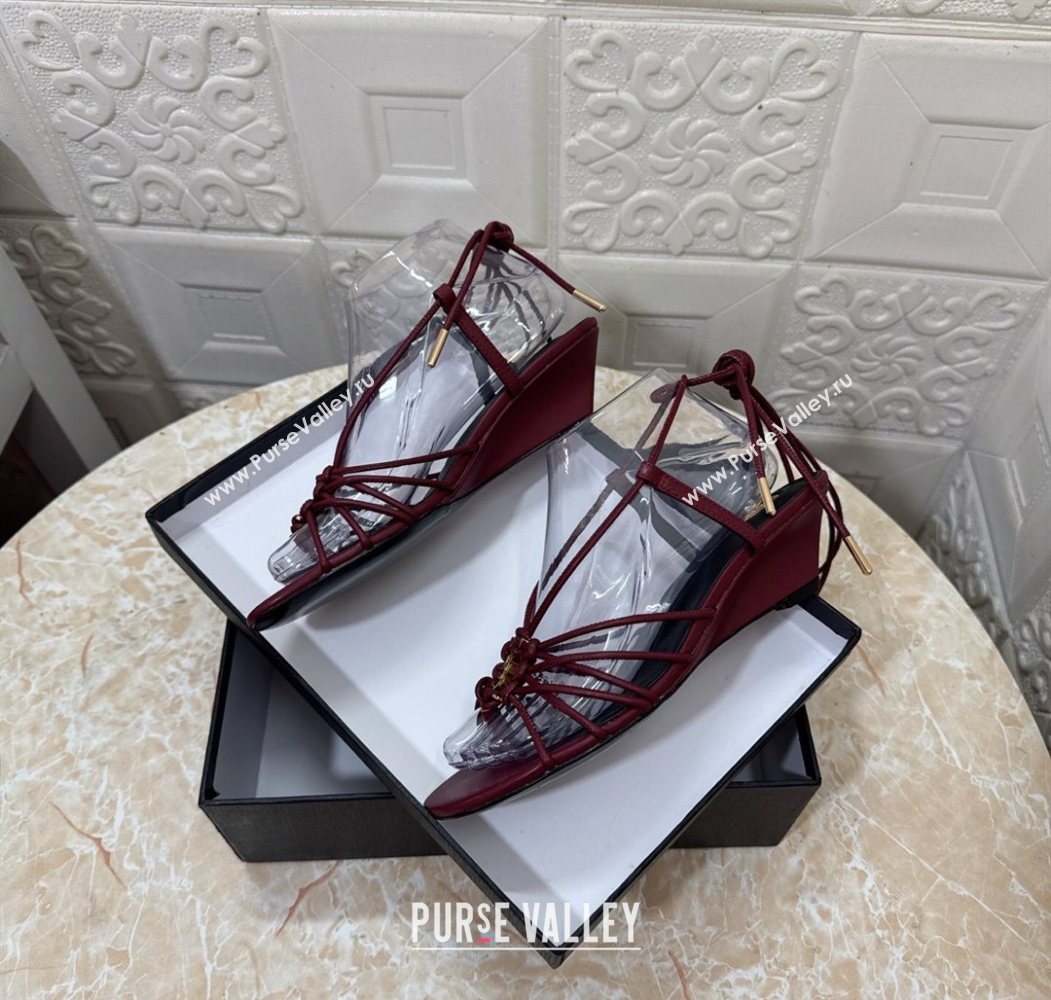Saint Laurent Leather Strap Wedge Sandals 3.5cm Burgundy 2025 1028 (MD-251028136)
