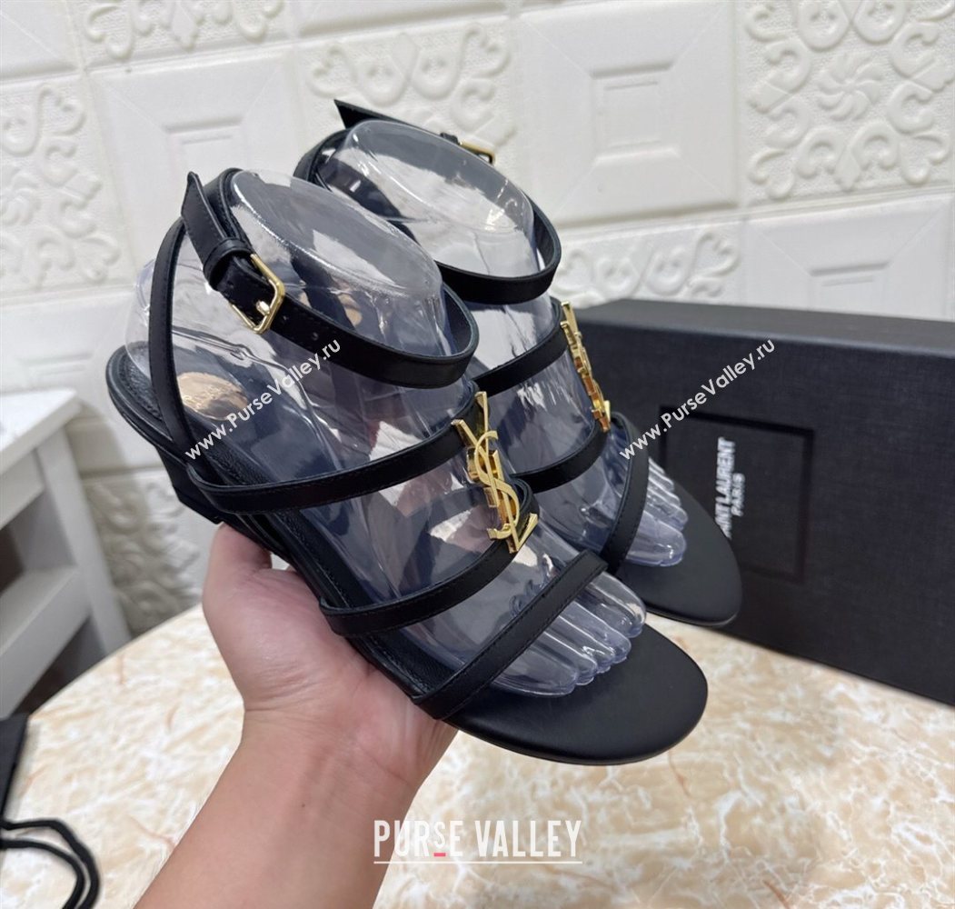 Saint Laurent Leather Strap Wedge Sandals 3.5cm Black 2025 1028 (MD-251028129)