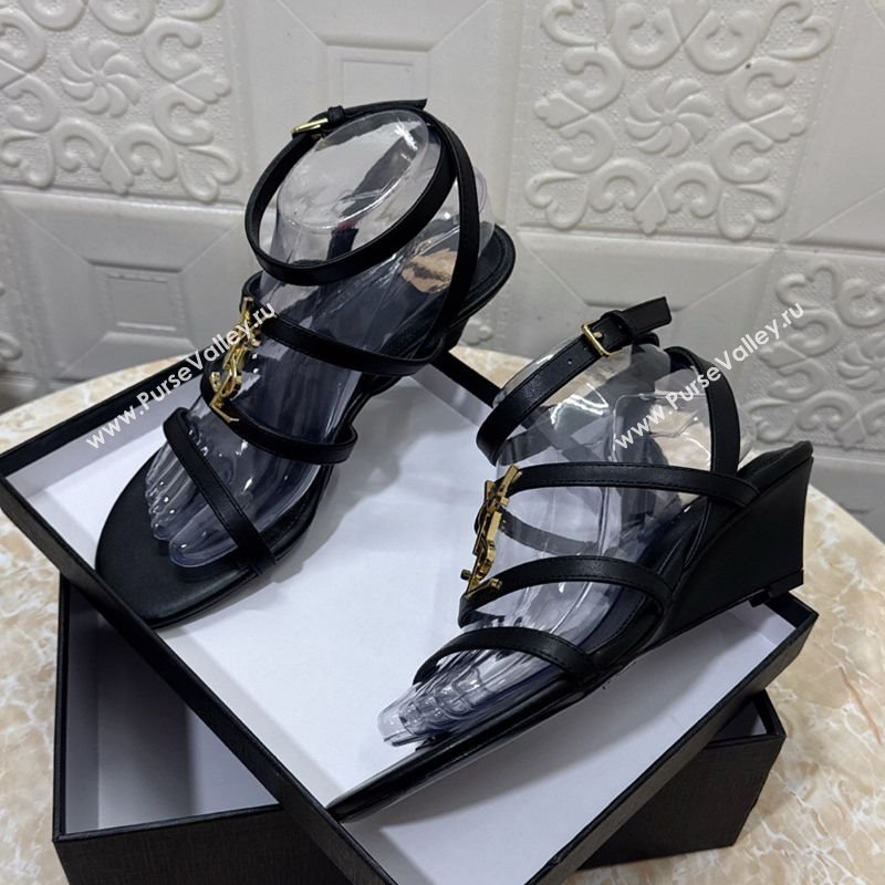 Saint Laurent Leather Strap Wedge Sandals 3.5cm Black 2025 1028 (MD-251028129)