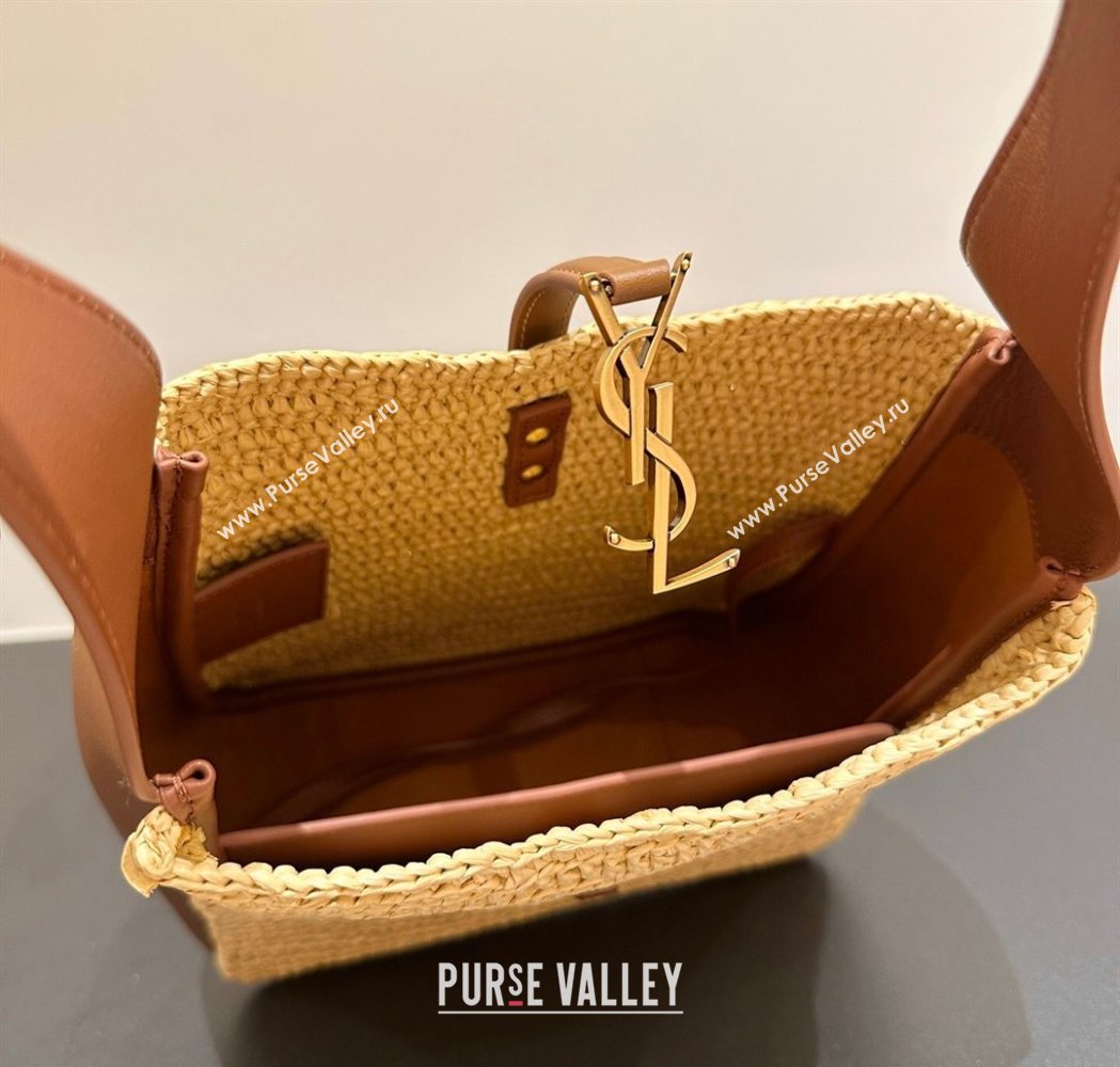 Saint Laurent LE 5 À 7 Supple Small Hobo Bag in Raffia Straw Like and Leather 713938 BrownKhaki 2026 (YIDA-260119002)
