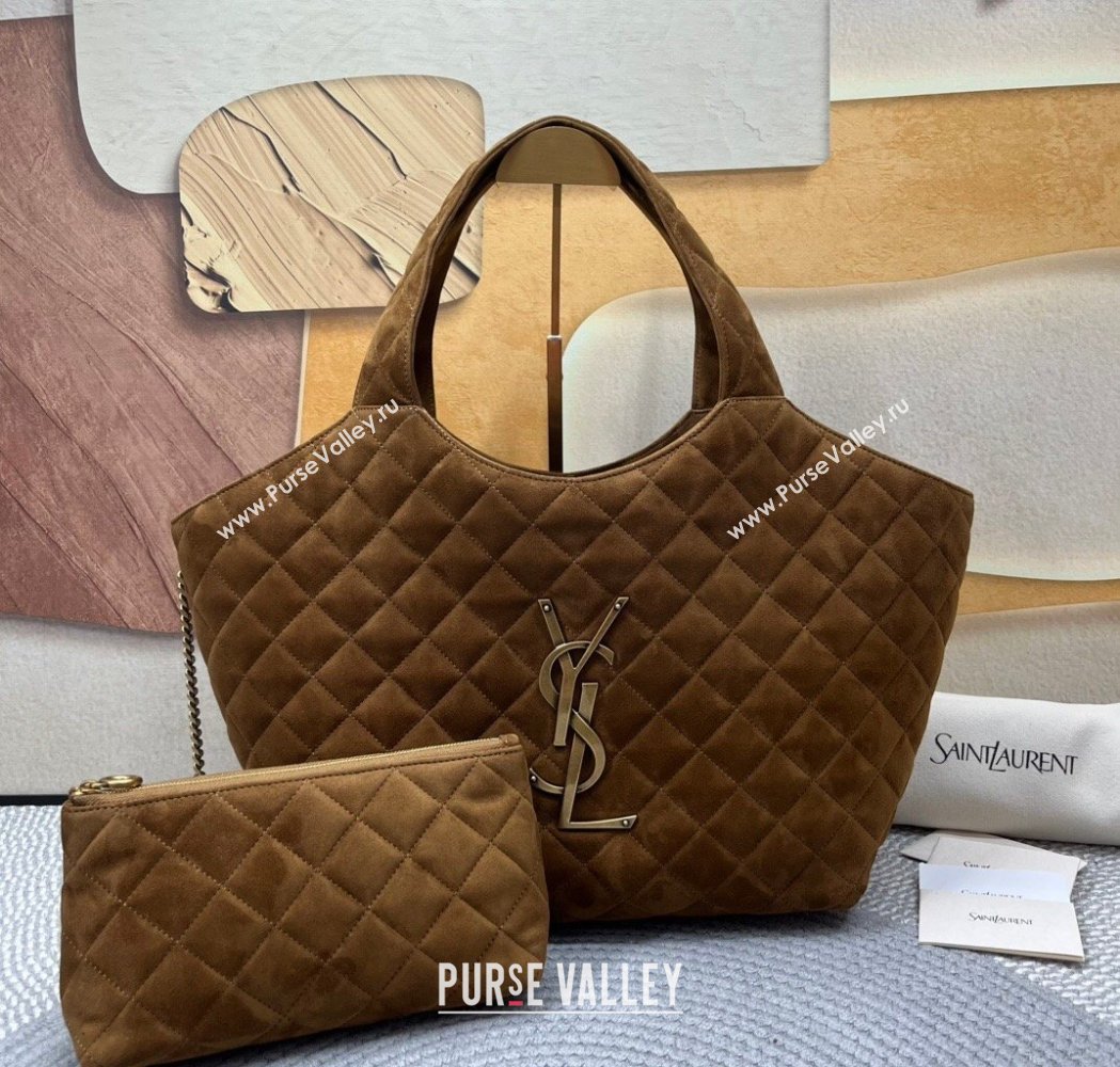 Saint Laurent Icare Medium Shopping Bag in Quilted Suede Brown 2026 858191 (nana-260119042)