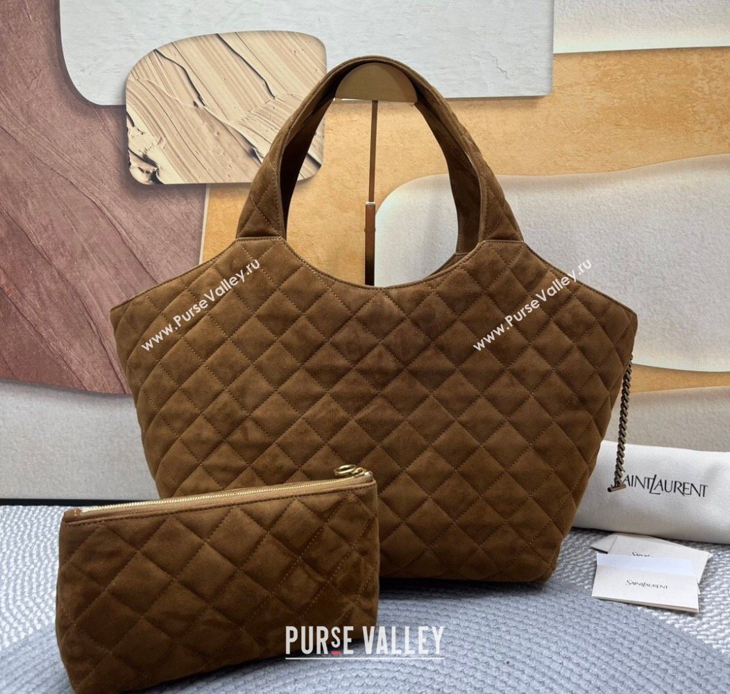 Saint Laurent Icare Medium Shopping Bag in Quilted Suede Brown 2026 858191 (nana-260119042)