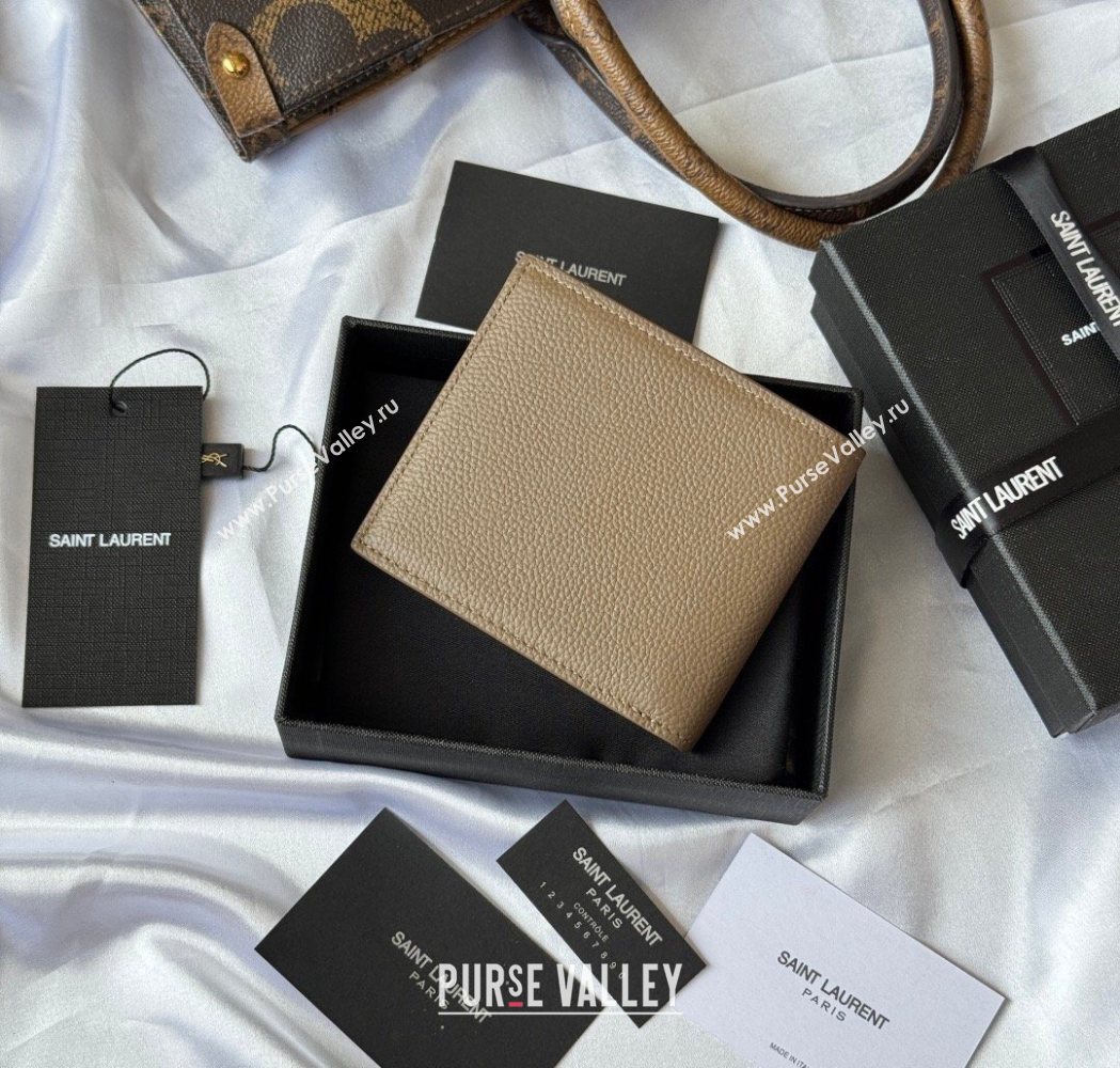 Saint Laurent Mens Tiny Cassandre Eastwest Wallet in Grained Leather Khaki 2026 607727 (YY-260119091)