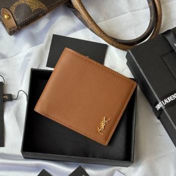 Saint Laurent Mens Tiny Cassandre Eastwest Wallet in Grained Leather Brown 2026 607727 (YY-260119092)