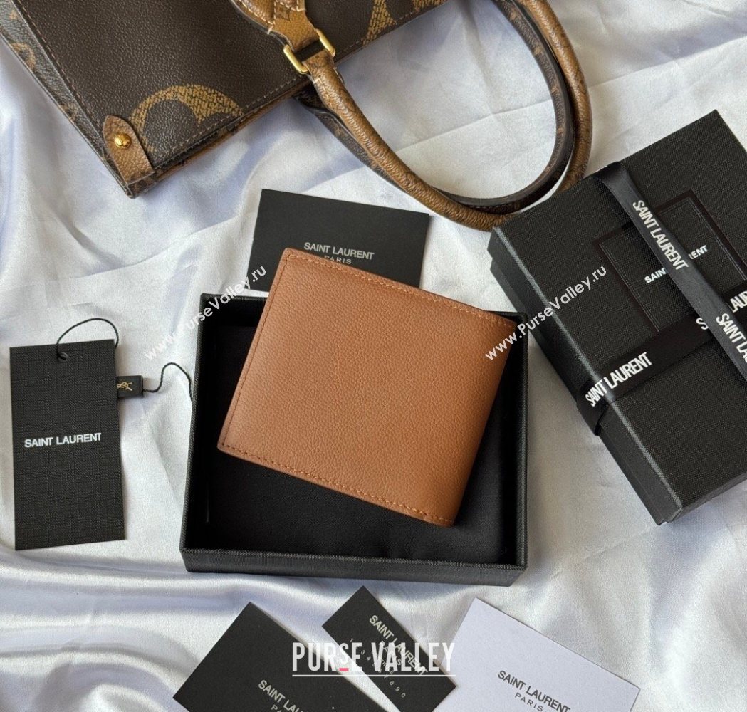 Saint Laurent Mens Tiny Cassandre Eastwest Wallet in Grained Leather Brown 2026 607727 (YY-260119092)
