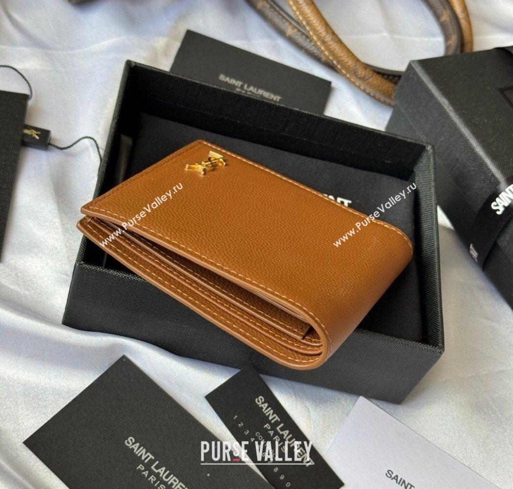 Saint Laurent Mens Tiny Cassandre Eastwest Wallet in Grained Leather Brown 2026 607727 (YY-260119092)
