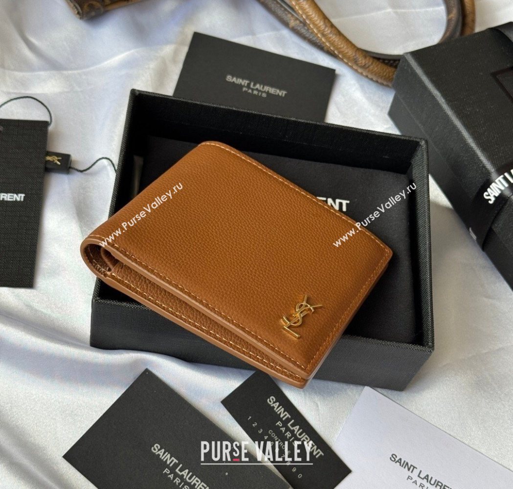 Saint Laurent Mens Tiny Cassandre Eastwest Wallet in Grained Leather Brown 2026 607727 (YY-260119092)