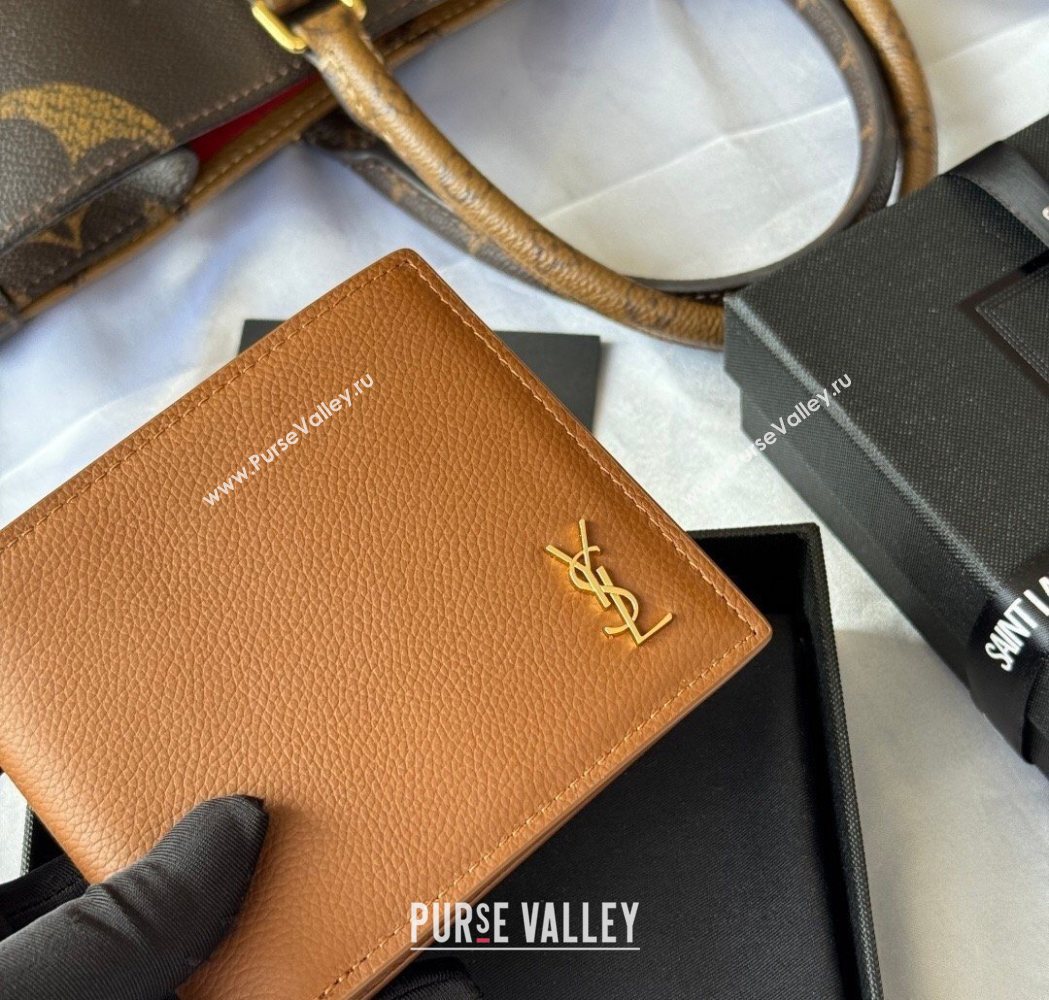 Saint Laurent Mens Tiny Cassandre Eastwest Wallet in Grained Leather Brown 2026 607727 (YY-260119092)
