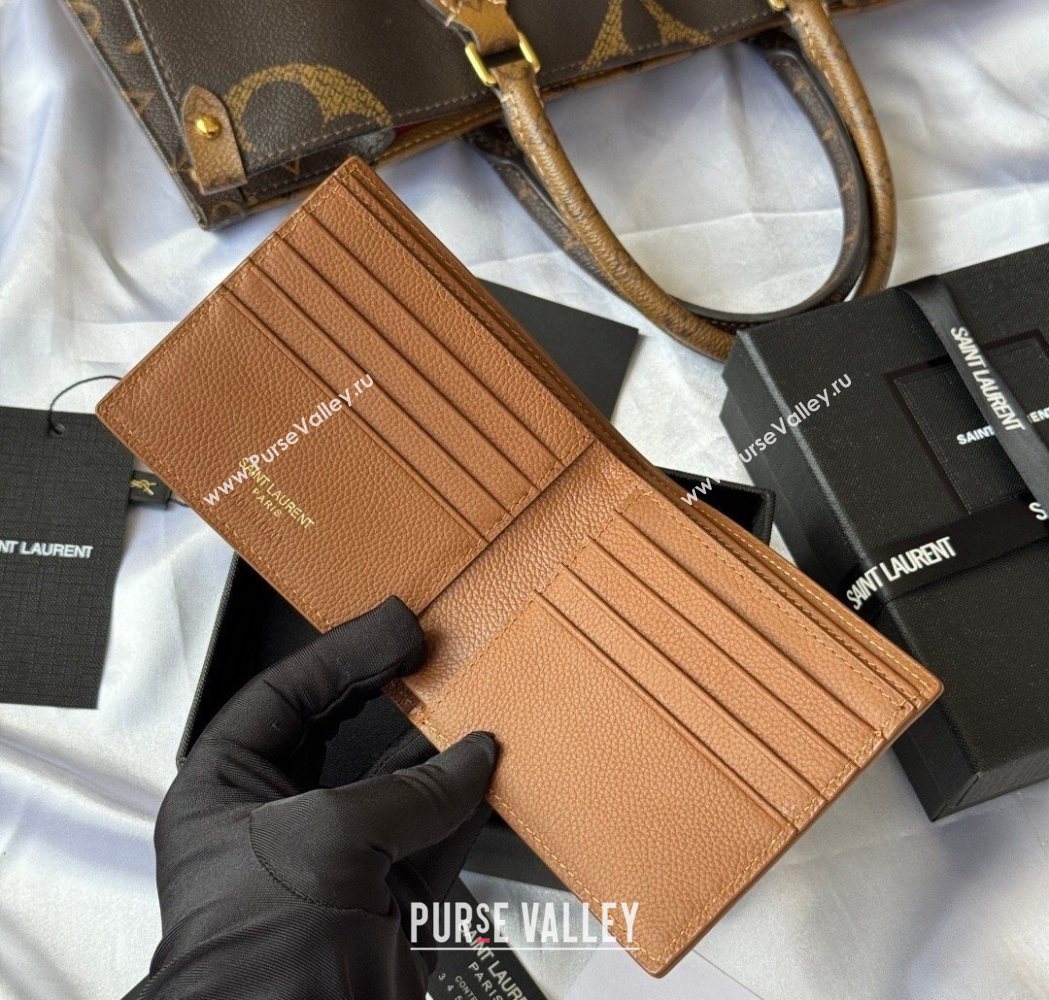 Saint Laurent Mens Tiny Cassandre Eastwest Wallet in Grained Leather Brown 2026 607727 (YY-260119092)