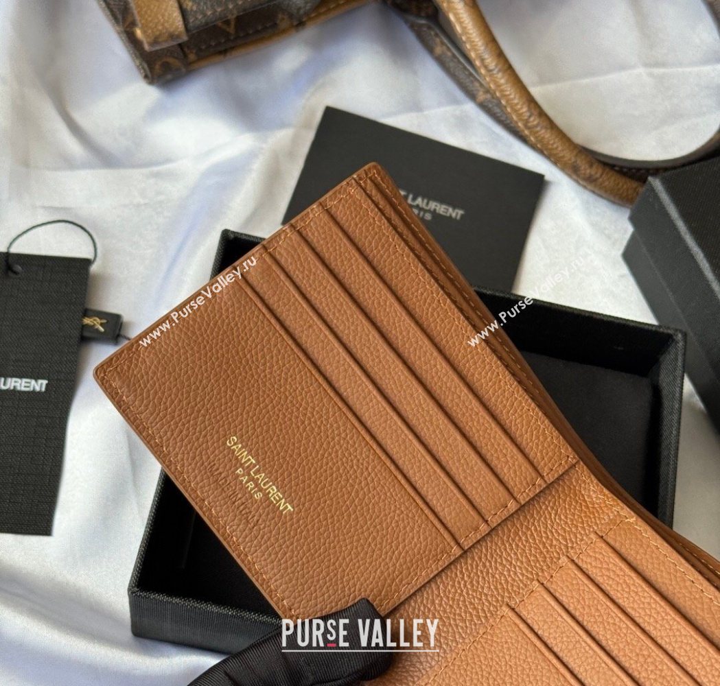 Saint Laurent Mens Tiny Cassandre Eastwest Wallet in Grained Leather Brown 2026 607727 (YY-260119092)