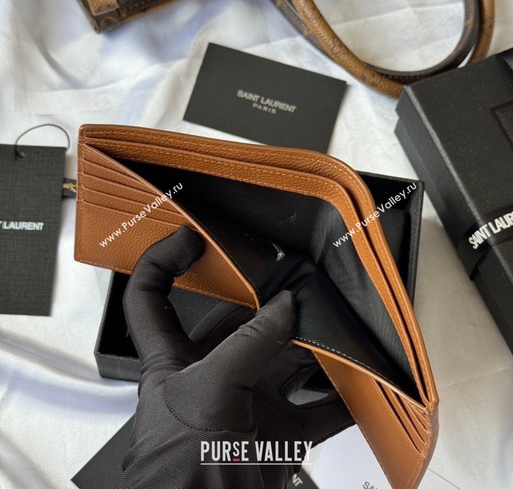 Saint Laurent Mens Tiny Cassandre Eastwest Wallet in Grained Leather Brown 2026 607727 (YY-260119092)