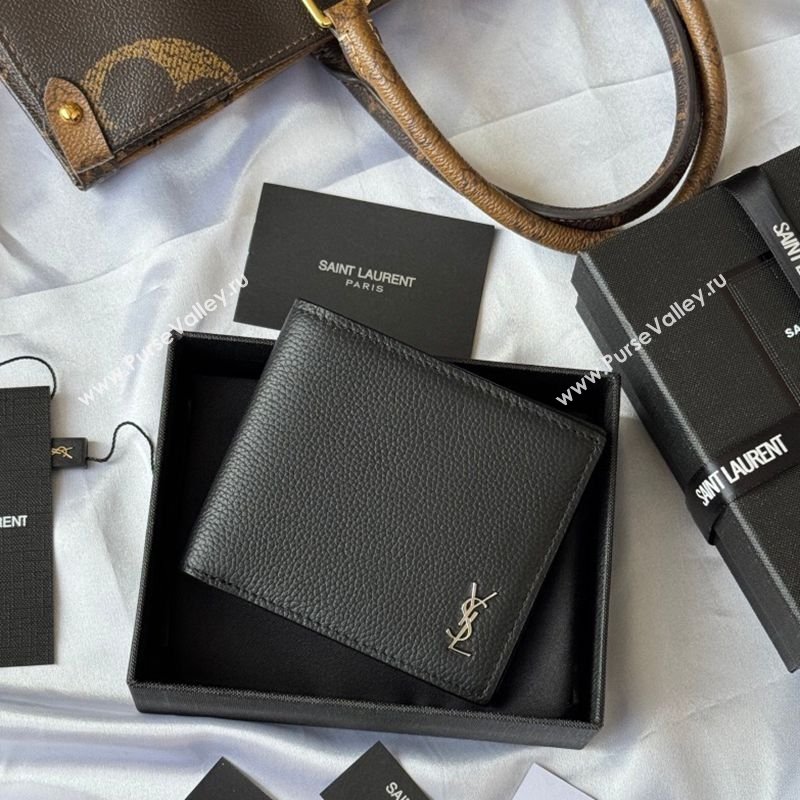 Saint Laurent Mens Tiny Cassandre Eastwest Wallet in Grained Leather Black/Silver 2026 607727 (YY-260119093)