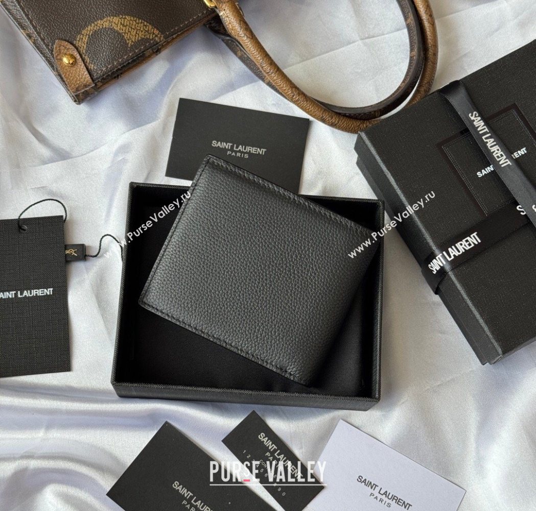 Saint Laurent Mens Tiny Cassandre Eastwest Wallet in Grained Leather Black/Silver 2026 607727 (YY-260119093)
