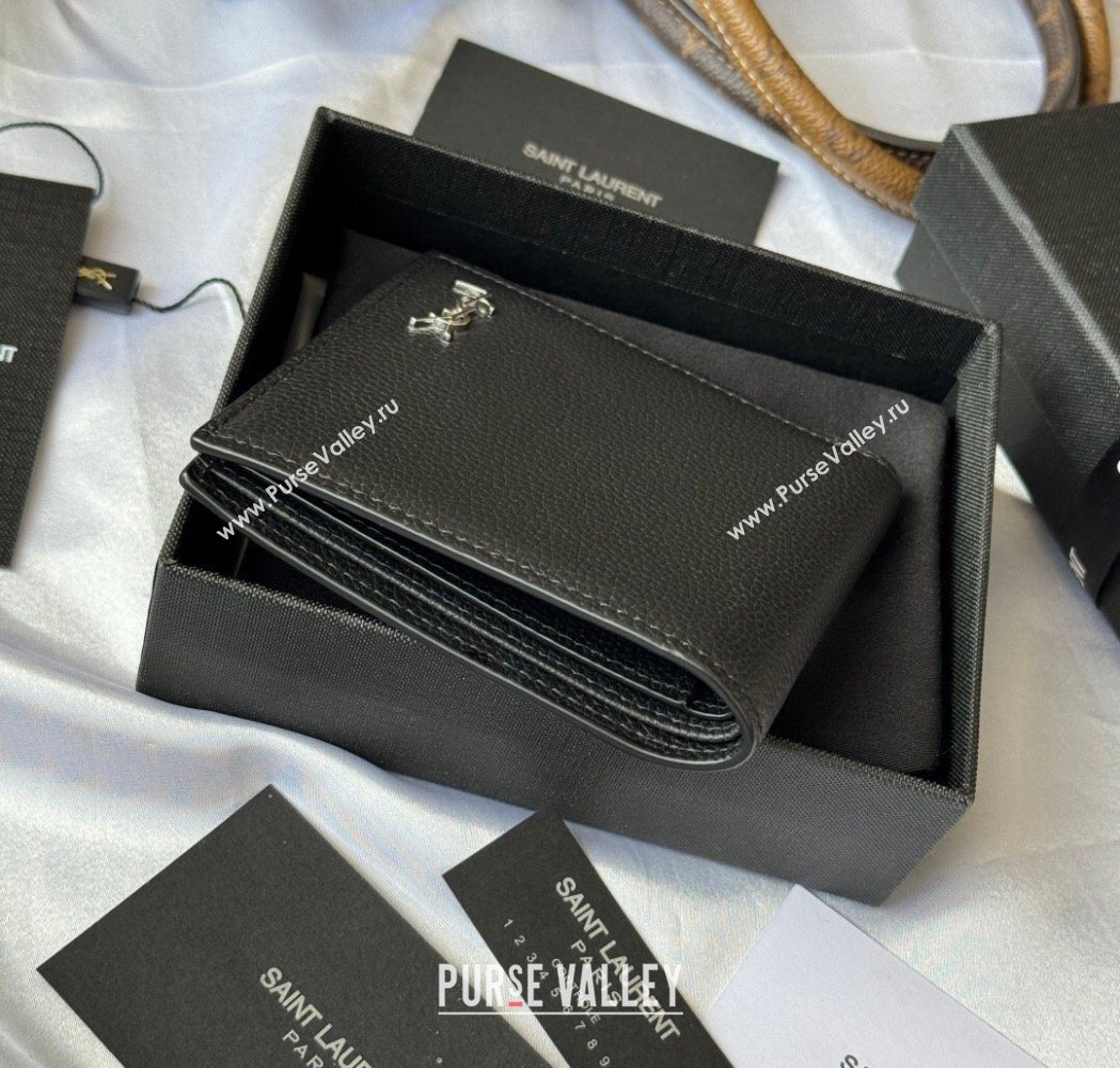 Saint Laurent Mens Tiny Cassandre Eastwest Wallet in Grained Leather Black/Silver 2026 607727 (YY-260119093)