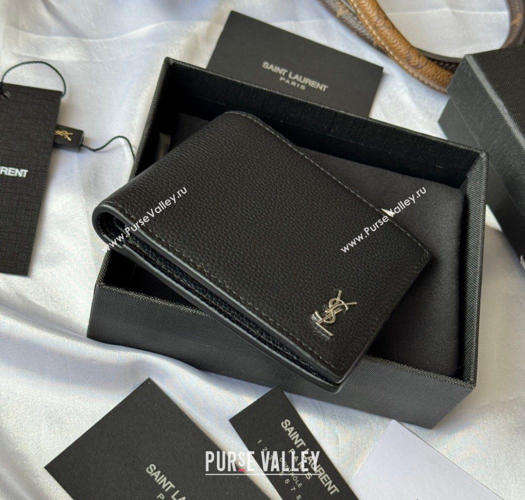 Saint Laurent Mens Tiny Cassandre Eastwest Wallet in Grained Leather Black/Silver 2026 607727 (YY-260119093)