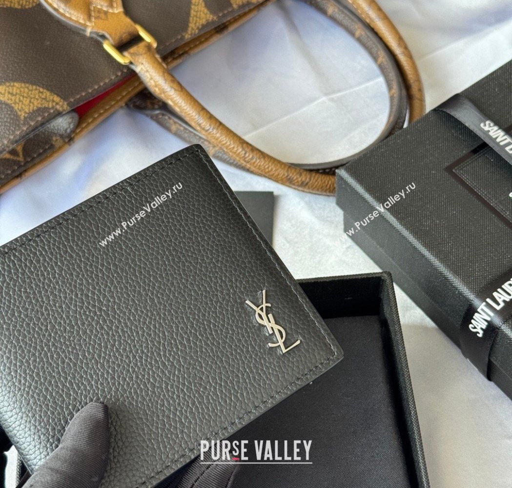 Saint Laurent Mens Tiny Cassandre Eastwest Wallet in Grained Leather Black/Silver 2026 607727 (YY-260119093)