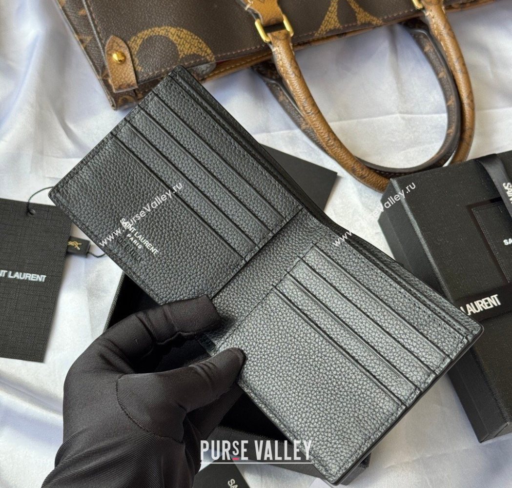 Saint Laurent Mens Tiny Cassandre Eastwest Wallet in Grained Leather Black/Silver 2026 607727 (YY-260119093)
