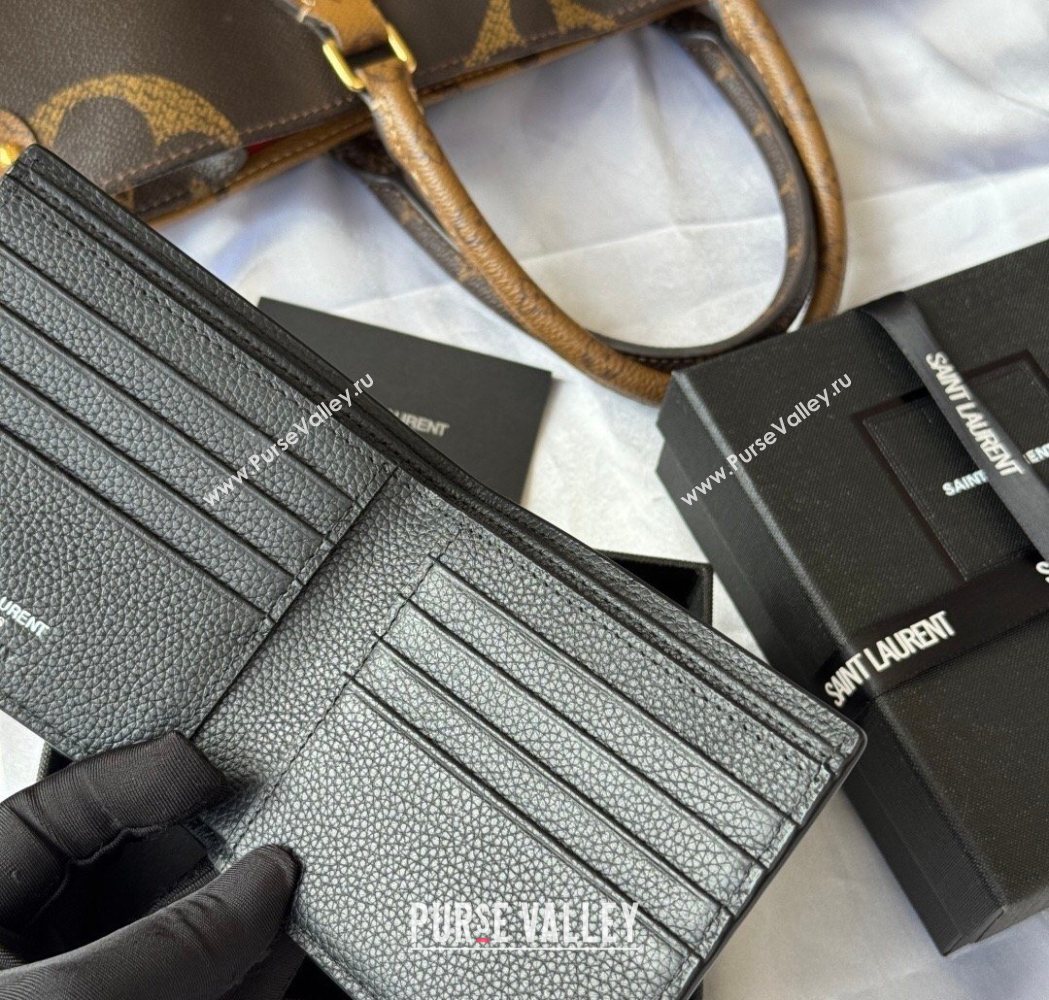 Saint Laurent Mens Tiny Cassandre Eastwest Wallet in Grained Leather Black/Silver 2026 607727 (YY-260119093)