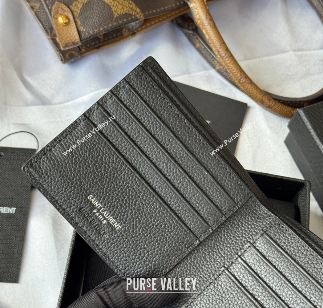 Saint Laurent Mens Tiny Cassandre Eastwest Wallet in Grained Leather Black/Silver 2026 607727 (YY-260119093)