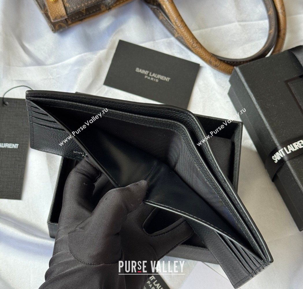 Saint Laurent Mens Tiny Cassandre Eastwest Wallet in Grained Leather Black/Silver 2026 607727 (YY-260119093)